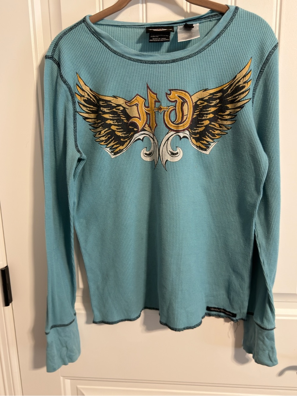 Harley Davidson Women's Long Sleeve Teal Thermal Tee Shirt. Size L. #10045